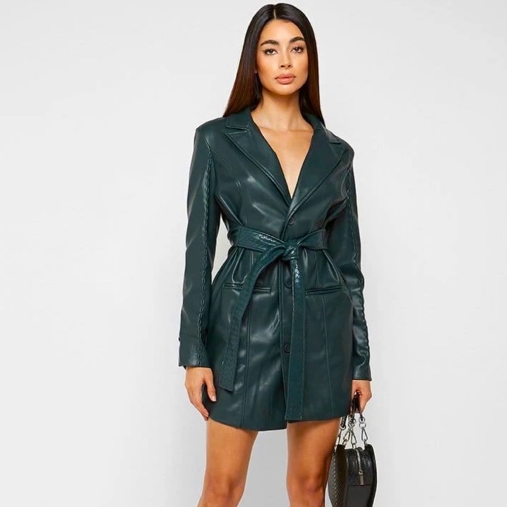Green Vegan Leather Belted Blazer Dress NWT